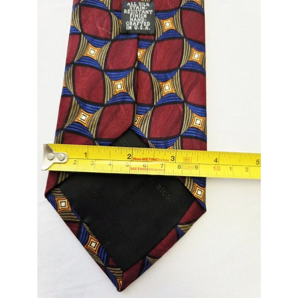 Vintage J.Z. Richards Silk Tie, 1990s Medallion Geometric, Maroon Blue Gold USA